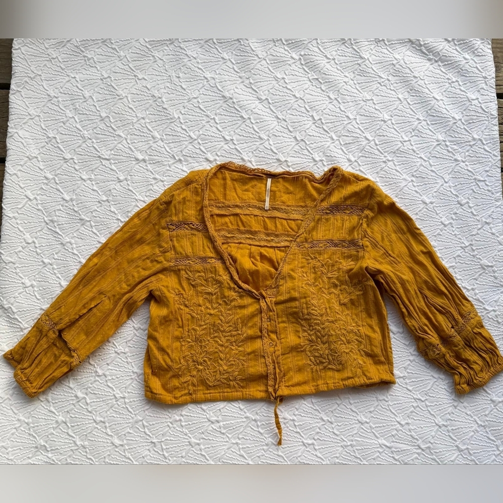 Free People Mustard Embroidered Tie-Front Blouse